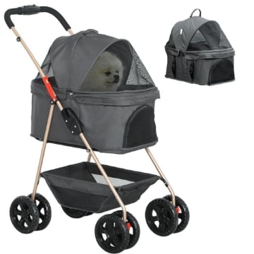 PASSEGGINO PER CANI 3 IN 1 PIEGHEVOLE CON BORSA TRASPORTINO E CESTINO INFERIORE GRIGIO