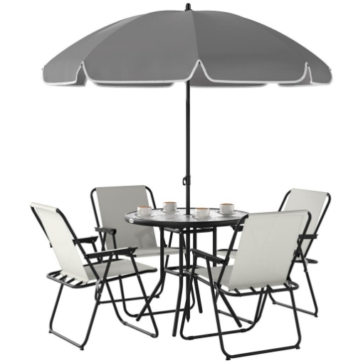 SET DA GIARDINO 6 PEZZI IN ACCIAIO CON 4 SEDIE PIEGHEVOLI OMBRELLONE E TAVOLO ROTONDO CREMA GRIGIO E NERO