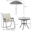 SET DA GIARDINO 6 PEZZI IN ACCIAIO CON 4 SEDIE PIEGHEVOLI OMBRELLONE E TAVOLO ROTONDO CREMA GRIGIO E NERO