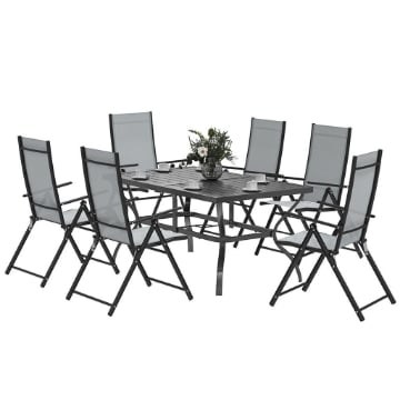 SET DA GIARDINO 7 PEZZI CON TAVOLO DA PRANZO CON FORO PER OMBRELLONE E 6 SEDIE PIEGHEVOLI GRIGIO