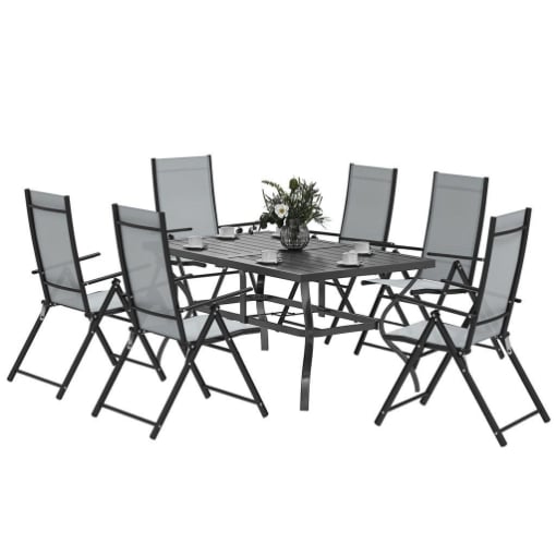 SET DA GIARDINO 7 PEZZI CON TAVOLO DA PRANZO CON FORO PER OMBRELLONE E 6 SEDIE PIEGHEVOLI GRIGIO