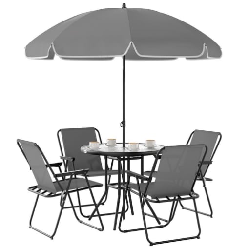 SET DA GIARDINO 6 PEZZI IN ACCIAIO CON 4 SEDIE PIEGHEVOLI OMBRELLONE E TAVOLO ROTONDO GRIGIO E NERO