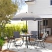 SET DA GIARDINO 6 PEZZI IN ACCIAIO CON 4 SEDIE PIEGHEVOLI OMBRELLONE E TAVOLO ROTONDO GRIGIO E NERO