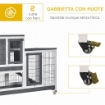 CONIGLIERA IN LEGNO CON RUOTE VASSOI ESTRAIBILI E CASETTA CON RAMPA 110X50X88 CM GRIGIO E BIANCO