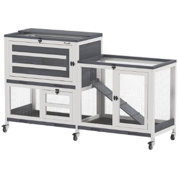 CONIGLIERA A 2 LIVELLI CON RAMPA E 3 VASSOI IN LEGNO DI ABETE E ACCIAIO 147X45X89.5 CM GRIGIO E BIANCO