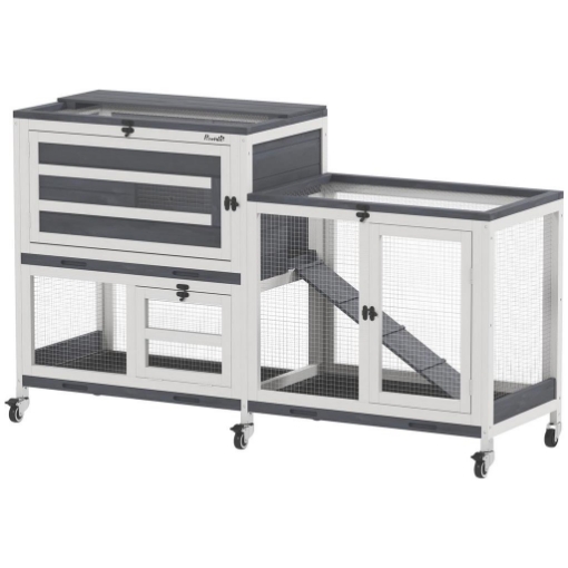 CONIGLIERA A 2 LIVELLI CON RAMPA E 3 VASSOI IN LEGNO DI ABETE E ACCIAIO 147X45X89.5 CM GRIGIO E BIANCO