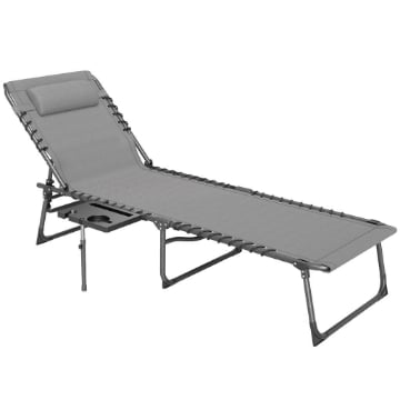 SDRAIO DA GIARDINO PIEGHEVOLE E RECLINABILE A 5 LIVELLI CON TAVOLINO LATERALE E TASCA 60X190X31 CM GRIGIO E NERO