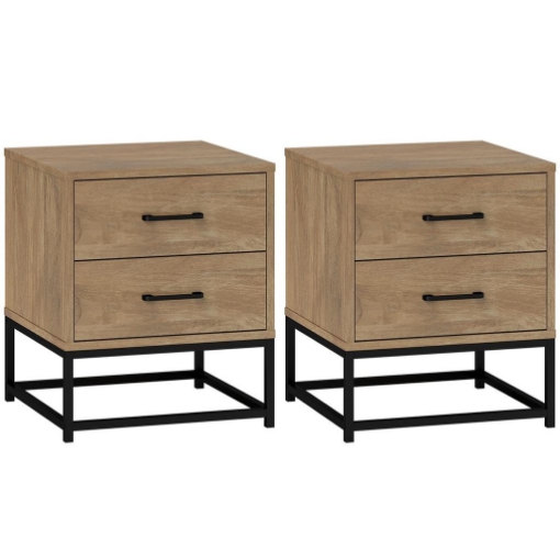 SET DI 2 COMODINI CON 2 CASSETTI STILE INDUSTRIALE IN LEGNO E ACCIAIO COLORE LEGNO