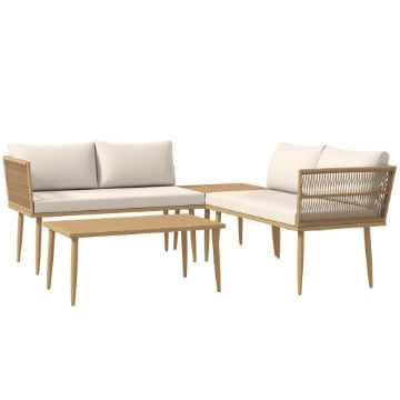 SET SALOTTO DA ESTERNO IN RATTAN PE CON 2 DIVANI A 2 POSTI CON CUSCINI E 2 TAVOLI DA CAFFÉ COLORE LEGNO