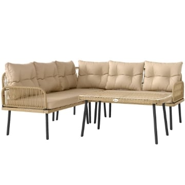 SALOTTO DA GIARDINO IN RATTAN 2 DIVANETTI E POLTRONA ANGOLARE CON CUSCINI TAVOLINO IN VETRO COLORE LEGNO