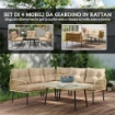 SALOTTO DA GIARDINO IN RATTAN 2 DIVANETTI E POLTRONA ANGOLARE CON CUSCINI TAVOLINO IN VETRO COLORE LEGNO
