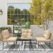 SALOTTO DA GIARDINO IN RATTAN 2 DIVANETTI E POLTRONA ANGOLARE CON CUSCINI TAVOLINO IN VETRO COLORE LEGNO