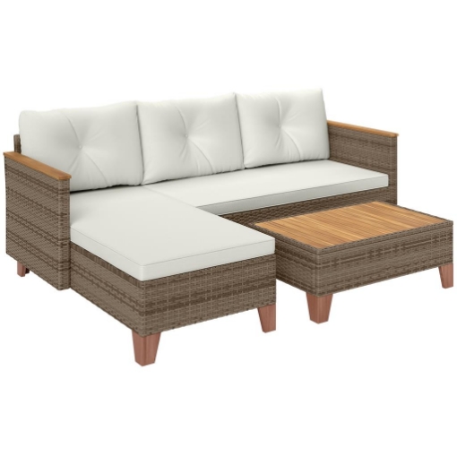 SALOTTO DA GIARDINO IN RATTAN PE CON DIVANO 2 POSTI CHAISE LONGUE E TAVOLINO DA CAFFÉ CREMA
