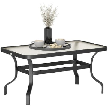 TAVOLINO DA ESTERNO RETTANGOLARE IN METALLO NERO CON PIANO IN VETRO TEMPERATO, 95X55X46 CM