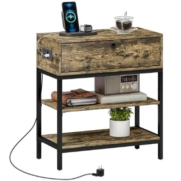 TAVOLINO DA DIVANO CON CASSETTO E 2 RIPIANI STILE INDUSTRIALE, IN LEGNO E METALLO, 60X30X66.5 CM, NERO E MARRONE