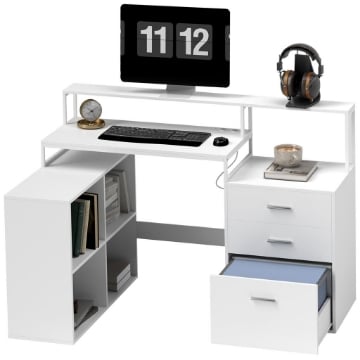 SCRIVANIA UFFICIO CON 2 TAVOLI 4 RIPIANI 3 CASSETTI E SUPPORTO PER MONITOR IN LEGNO 138.5X90X92 CM BIANCO
