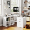 SCRIVANIA UFFICIO CON 2 TAVOLI 4 RIPIANI 3 CASSETTI E SUPPORTO PER MONITOR IN LEGNO 138.5X90X92 CM BIANCO