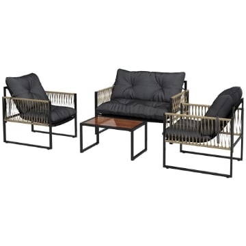 SET DA GIARDINO 4 PEZZI IN RATTAN CON DIVANETTO 2 SEDIE E TAVOLINO DA CAFFÈ GRIGIO E MARRONE