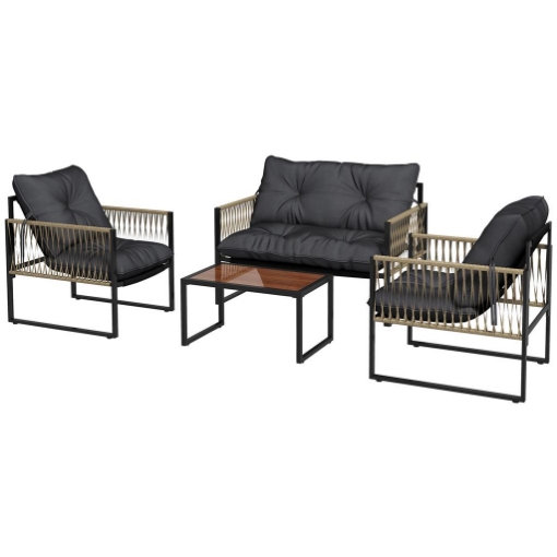 SET DA GIARDINO 4 PEZZI IN RATTAN CON DIVANETTO 2 SEDIE E TAVOLINO DA CAFFÈ GRIGIO E MARRONE