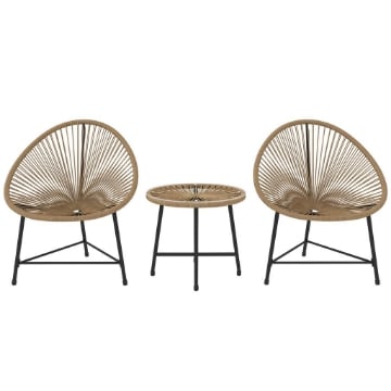 SET DA GIARDINO 3 PEZZI IN RATTAN PE E ACCIAIO CON 2 SEDIE OVALI E TAVOLINO DA CAFFÉ NERO E COLOR LEGNO
