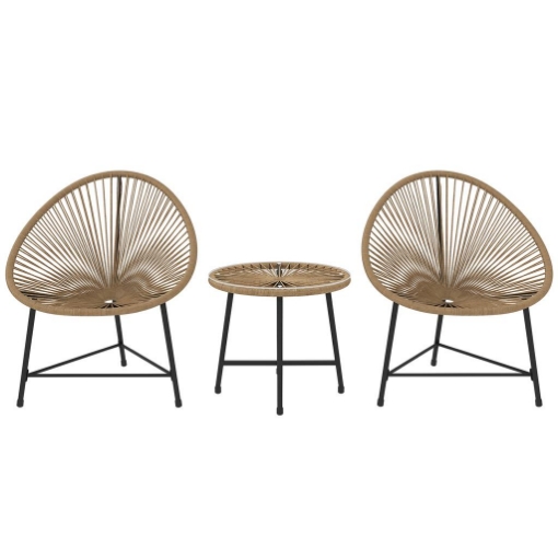 SET DA GIARDINO 3 PEZZI IN RATTAN PE E ACCIAIO CON 2 SEDIE OVALI E TAVOLINO DA CAFFÉ NERO E COLOR LEGNO