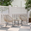 SET DA GIARDINO 3 PEZZI IN RATTAN PE E ACCIAIO CON 2 SEDIE OVALI E TAVOLINO DA CAFFÉ NERO E COLOR LEGNO