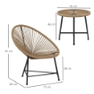 SET DA GIARDINO 3 PEZZI IN RATTAN PE E ACCIAIO CON 2 SEDIE OVALI E TAVOLINO DA CAFFÉ NERO E COLOR LEGNO