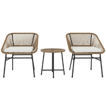 SET DA GIARDINO 3 PEZZI IN RATTAN PE E ACCIAIO CON 2 SEDIE CON CUSCINI E TAVOLINO ROTONDO MULTICOLORE