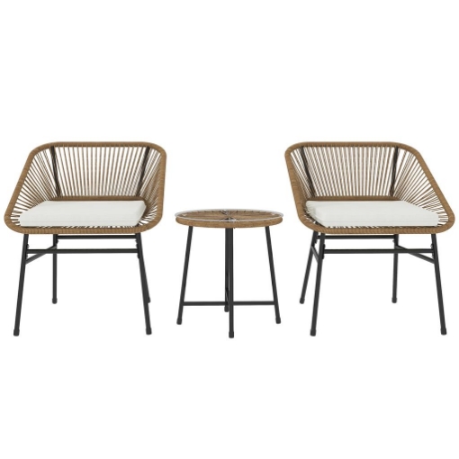 SET DA GIARDINO 3 PEZZI IN RATTAN PE E ACCIAIO CON 2 SEDIE CON CUSCINI E TAVOLINO ROTONDO MULTICOLORE