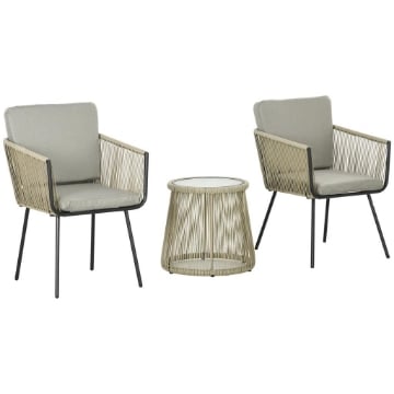 SET DA ESTERNO CON TAVOLINO IN VETRO E 2 SEDIE DA GIARDINO IN RATTAN STILE BOHO CAFFÉ