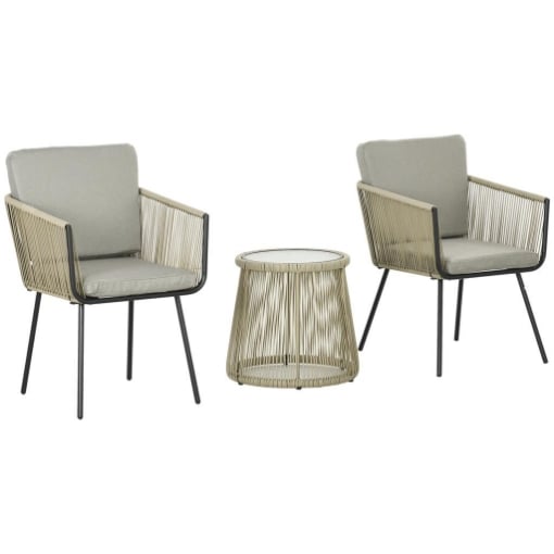 SET DA ESTERNO CON TAVOLINO IN VETRO E 2 SEDIE DA GIARDINO IN RATTAN STILE BOHO CAFFÉ