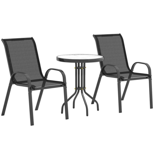 SET DA GIARDINO 3 PEZZI CON 2 SEDIE DA GIARDINO 54X71X93 CM E TAVOLINO ROTONDO Ø 60X71 CM IN ACCIAIO NERO