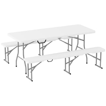 SET DA PIC NIC PIEGHEVOLE A 3 PEZZI CON TAVOLO E 2 PANCHE IN HDPE E METALLO, BIANCO E GRIGIO CHIARO