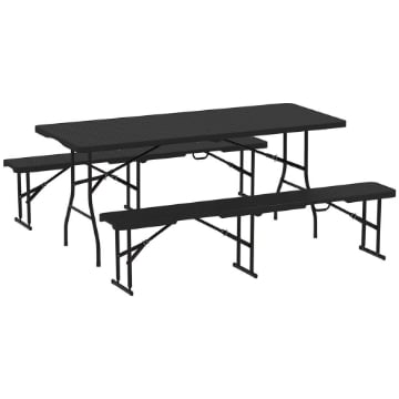 SET DA PIC NIC PIEGHEVOLE A 3 PEZZI CON TAVOLO E 2 PANCHE IN HDPE E METALLO, NERO