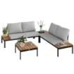 SET DA GIARDINO 4 PEZZI CON 2 DIVANETTI 2 POSTI E 2 TAVOLINI IN METALLO E LEGNO COMPOSITO GRIGIO NERO E TEAK