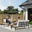 SET DA GIARDINO 4 PEZZI CON 2 DIVANETTI 2 POSTI E 2 TAVOLINI IN METALLO E LEGNO COMPOSITO GRIGIO NERO E TEAK