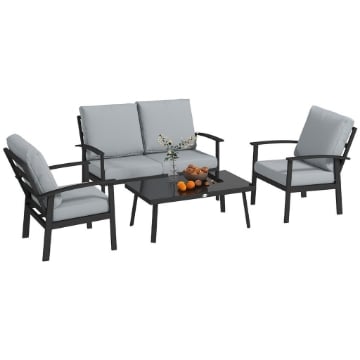 SET DA GIARDINO 4 PEZZI CON 2 POLTRONCINE DIVANO 2 POSTI E TAVOLINO IN ALLUMINIO E FIBRA GRIGIO CARBONE