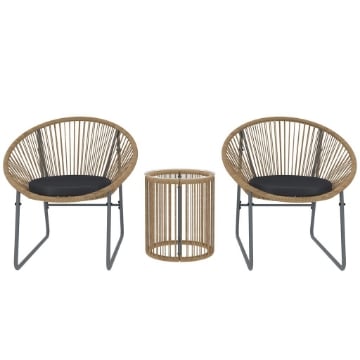 SET DA GIARDINO 3 PEZZI IN RATTAN E ACCIAIO CON 2 SEDIE CON CUSCINI E TAVOLINO DA CAFFÉ A CILINDRO MULTICOLORE