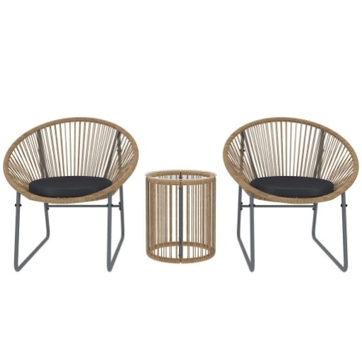 SET DA GIARDINO 3 PEZZI IN RATTAN E ACCIAIO CON 2 SEDIE CON CUSCINI E TAVOLINO DA CAFFÉ A CILINDRO MULTICOLORE