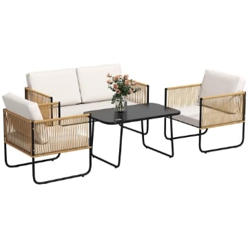 SET DA GIARDINO 4 PEZZI IN RATTAN E ACCIAIO CON DIVANETTO 2 POLTRONE DA ESTERNO E TAVOLINO BASSO MULTICOLORE