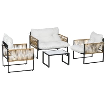 SET DA GIARDINO 4 PEZZI IN RATTAN CON DIVANETTO 2 SEDIE E TAVOLINO DA CAFFÉ NERO MARRONE E CREMA