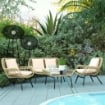 SET DA GIARDINO 4 PEZZI IN RATTAN PE E METALLO CON DIVANETTO 2 SEDIE E TAVOLINO DA CAFFÉ BEIGE