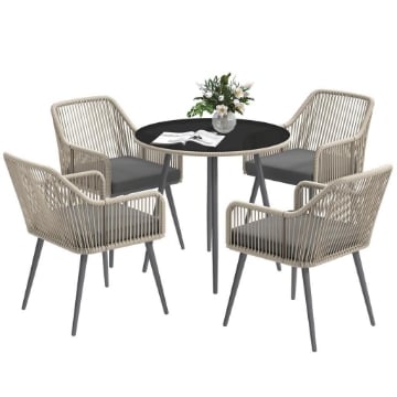 SET DA GIARDINO 5 PEZZI IN RATTAN E ACCIAIO CON 4 SEDIE DA ESTERNO E TAVOLO ROTONDO CON FORO MARRONE E GRIGIO