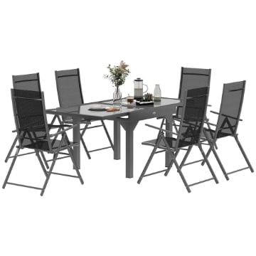 SET DA GIARDINO CON TAVOLO ALLUNGABILE IN VETRO E 6 SEDIE DA ESTERNO PIEGHEVOLI ACCIAIO E TEXTILENE GRIGIO