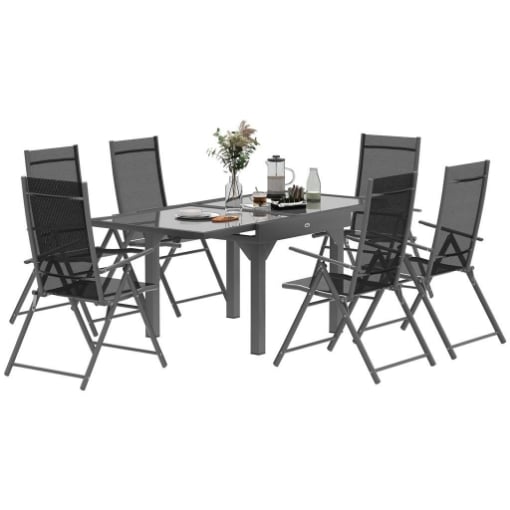 SET DA GIARDINO CON TAVOLO ALLUNGABILE IN VETRO E 6 SEDIE DA ESTERNO PIEGHEVOLI ACCIAIO E TEXTILENE GRIGIO