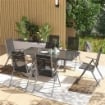 SET DA GIARDINO CON TAVOLO ALLUNGABILE IN VETRO E 6 SEDIE DA ESTERNO PIEGHEVOLI ACCIAIO E TEXTILENE GRIGIO