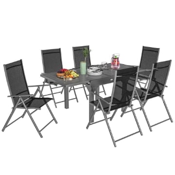 SET DA GIARDINO 7 PEZZI CON 6 SEDIE PIEGHEVOLI E TAVOLO ALLUNGABILE IN ACCIAIO ALLUMINIO E RETE GRIGIO E NERO