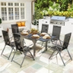 SET DA GIARDINO 7 PEZZI CON 6 SEDIE PIEGHEVOLI E TAVOLO ALLUNGABILE IN ACCIAIO ALLUMINIO E RETE GRIGIO E NERO