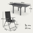 SET DA GIARDINO 7 PEZZI CON 6 SEDIE PIEGHEVOLI E TAVOLO ALLUNGABILE IN ACCIAIO ALLUMINIO E RETE GRIGIO E NERO