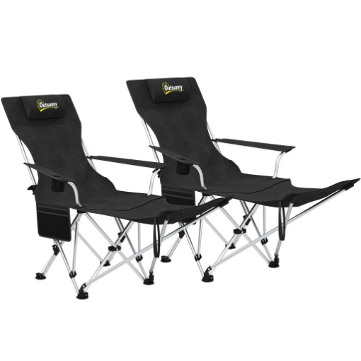 SET 2 SEDIE DA CAMPEGGIO PIEGHEVOLI CON POGGIAPIEDI STACCABILE E PORTABICCHIERI 82X50/100X88 CM NERO